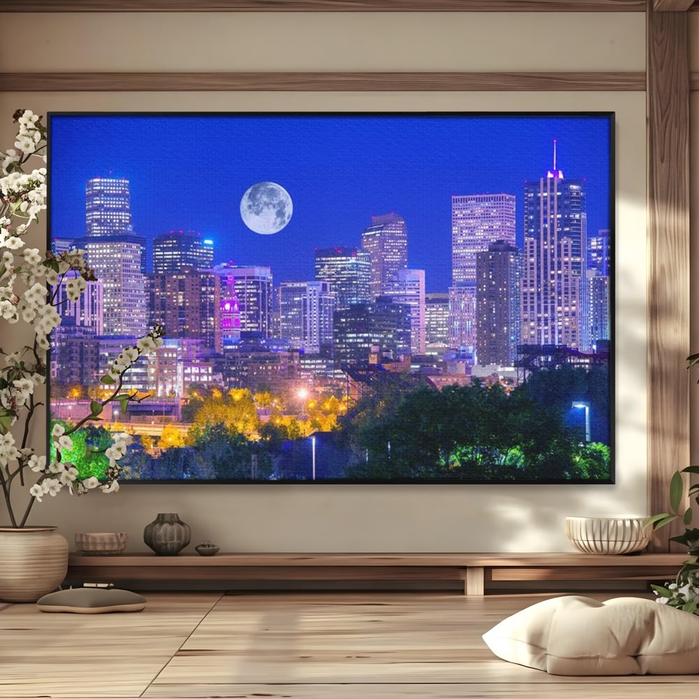 Tablou canvas cu tablou canvas cu peisaj urban nocturn si luna plina, in rama de aluminiu negru